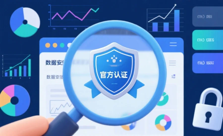 一个放大镜聚焦在网页上的“官方认证”徽章，周围有数据图表和安全锁元素，表达数据安全主题